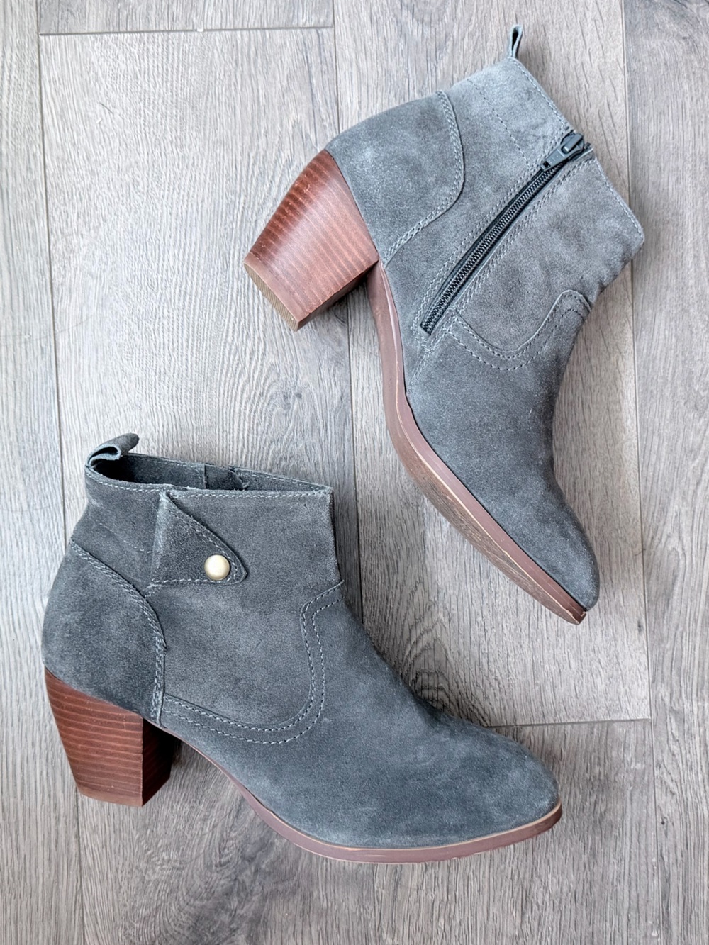 Diba Gray Suede Ankle Booties with Stacked Heel